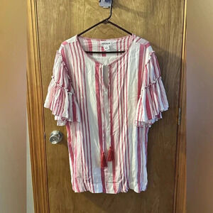 For The Republic Red & White Tassel Striped Ruffle Bell Sleeves Dress